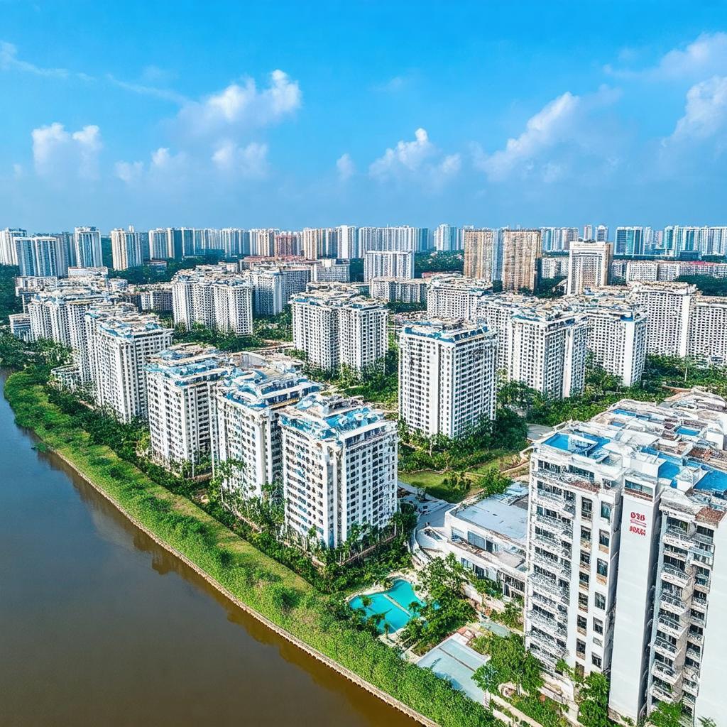 Toàn cảnh khu chung cư Era Town Đức Khải Quận 7 nhìn từ trên cao, ven sông Phú Xuân.